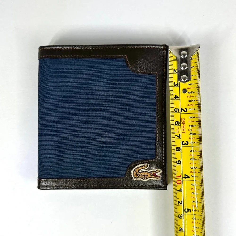 Lacoste Vintage Mens Bifold Wallet Navy Blue Canvas Brown Leather Crocodile Logo